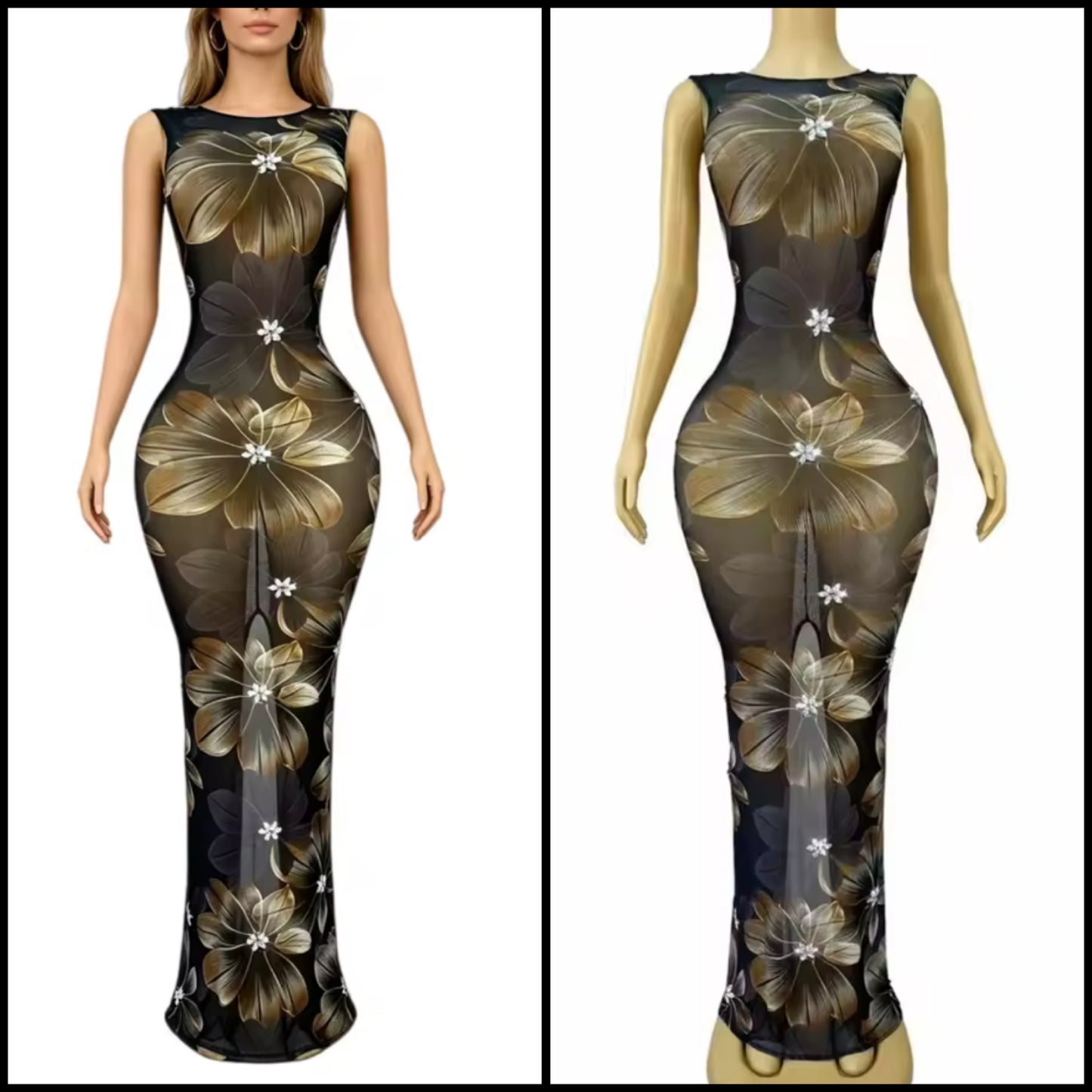 Sexy Black See Through Floral Floor-Length Dress