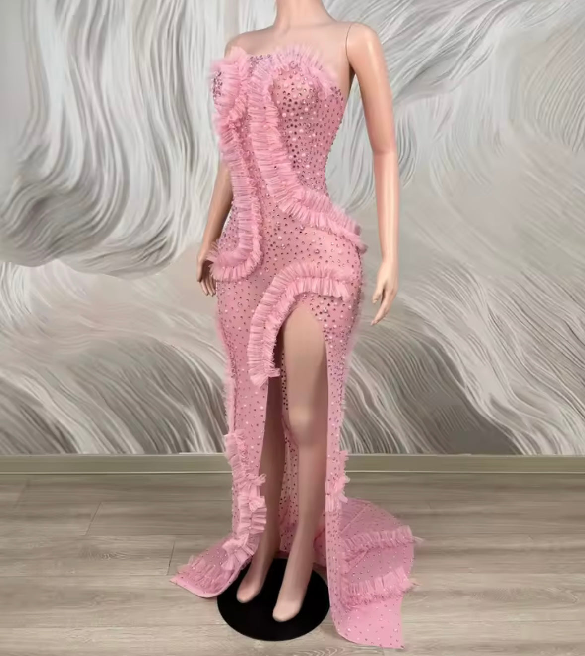 Sexy Strapless Ruffle Rhinestone See Through Side Split Maxi Dress