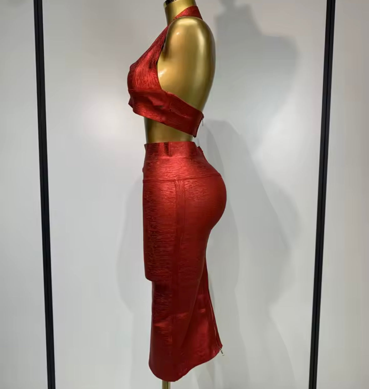 Sexy Red Halter Sleeveless Crop Two Piece Skirt Set