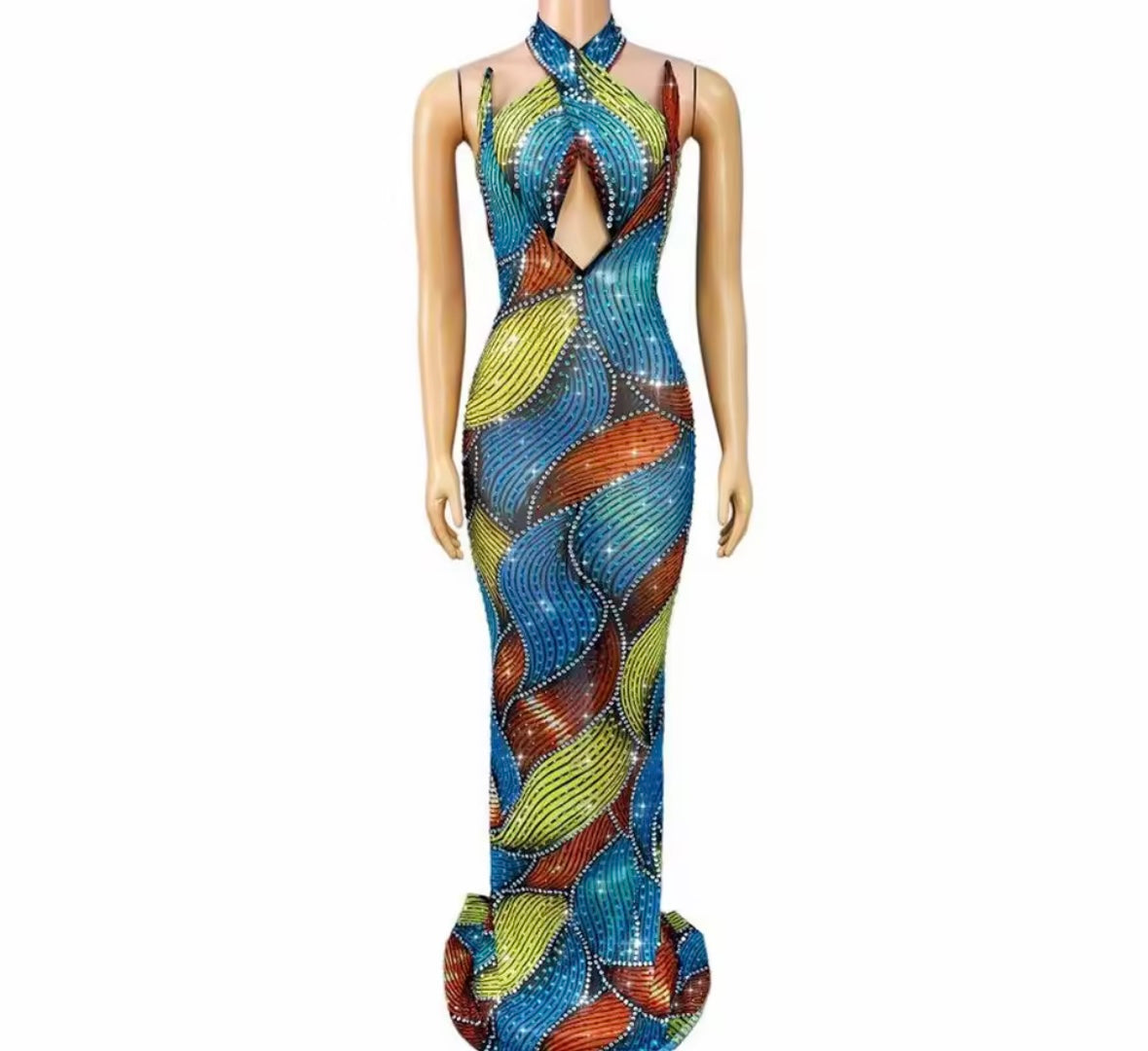Sexy Multicolored Halter Sleeveless Rhinestone Maxi Dress