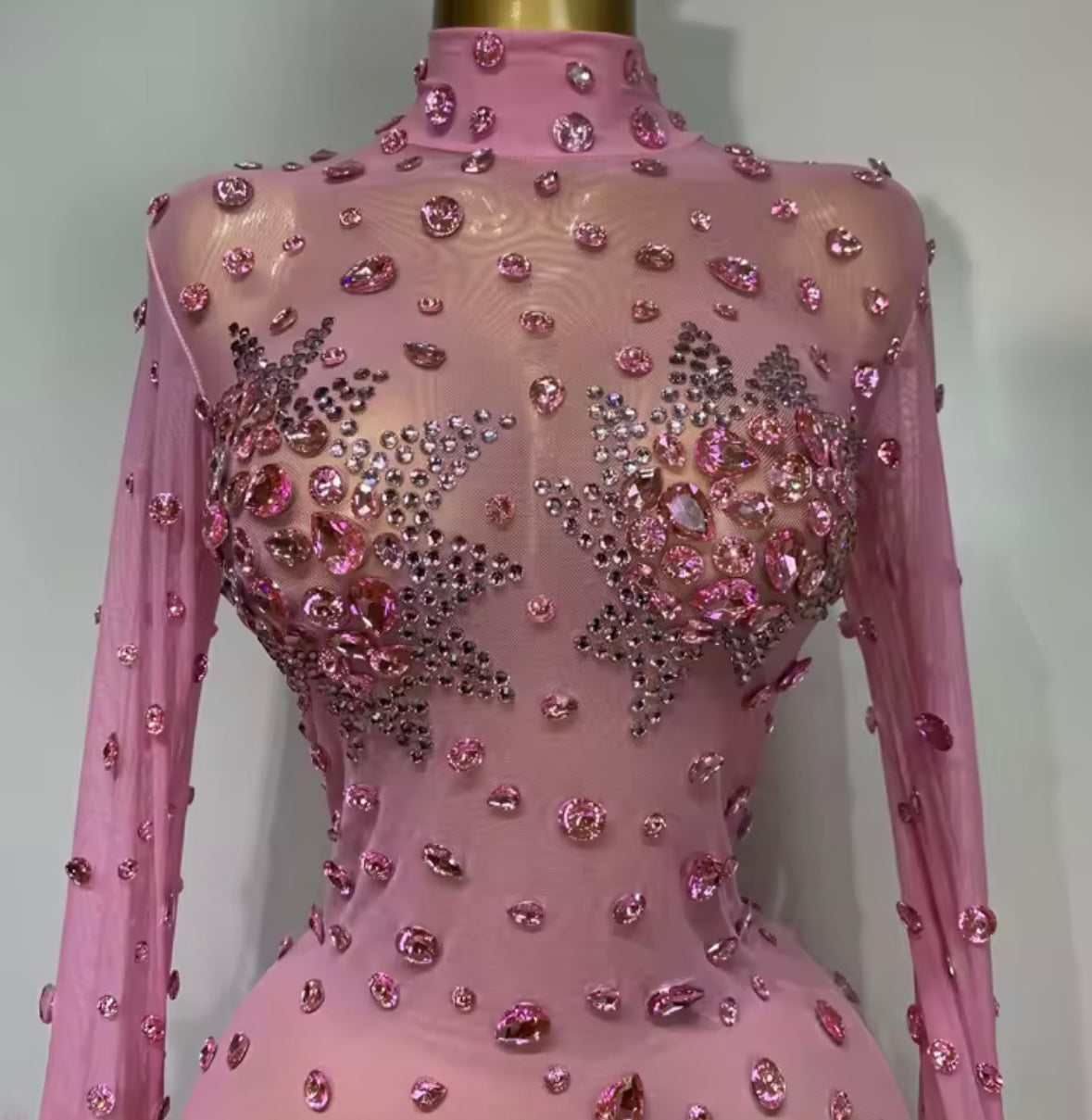 Rhinestone Feather Full Sleeve Sexy Mesh Jumpsuit