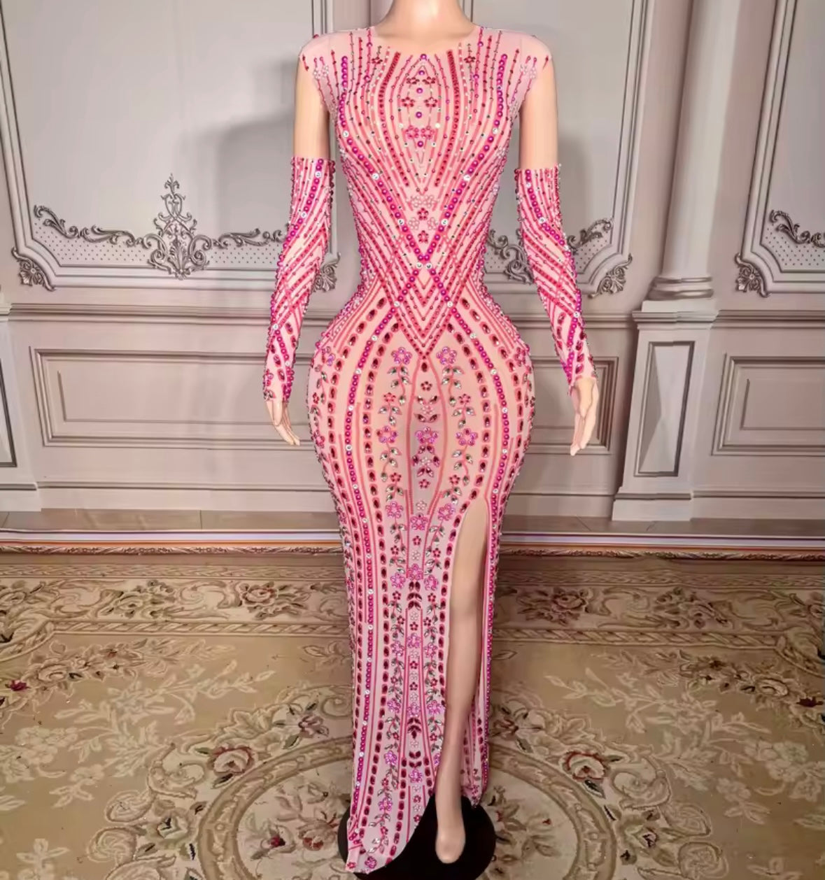 Elegant Pink Rhinestone Glove Sleeveless Maxi Dress