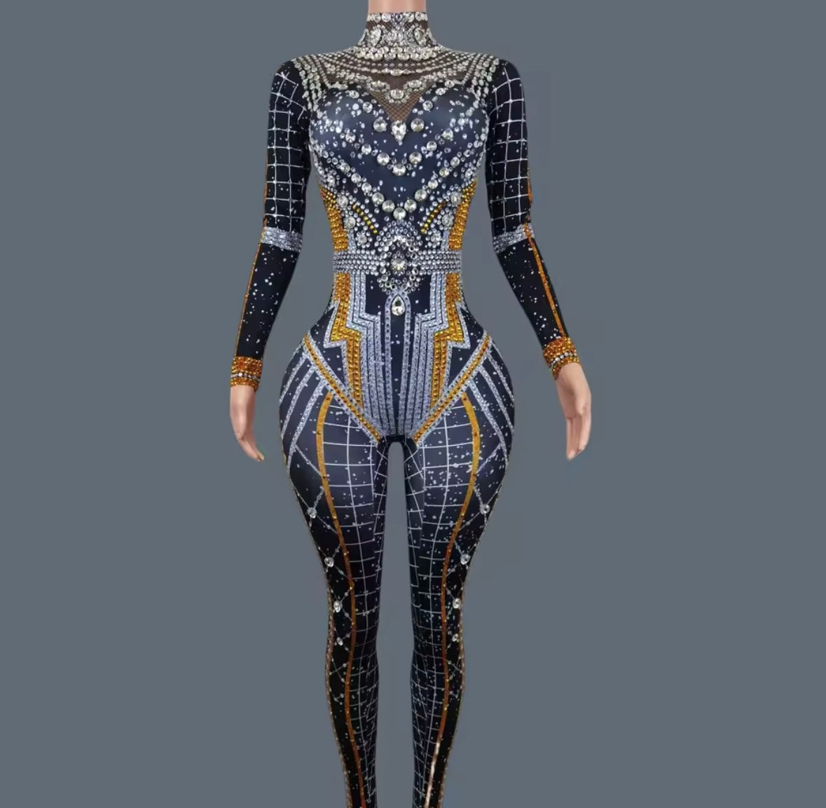 Elegant Printed Rhinestone Full Sleeve Jumpsuit