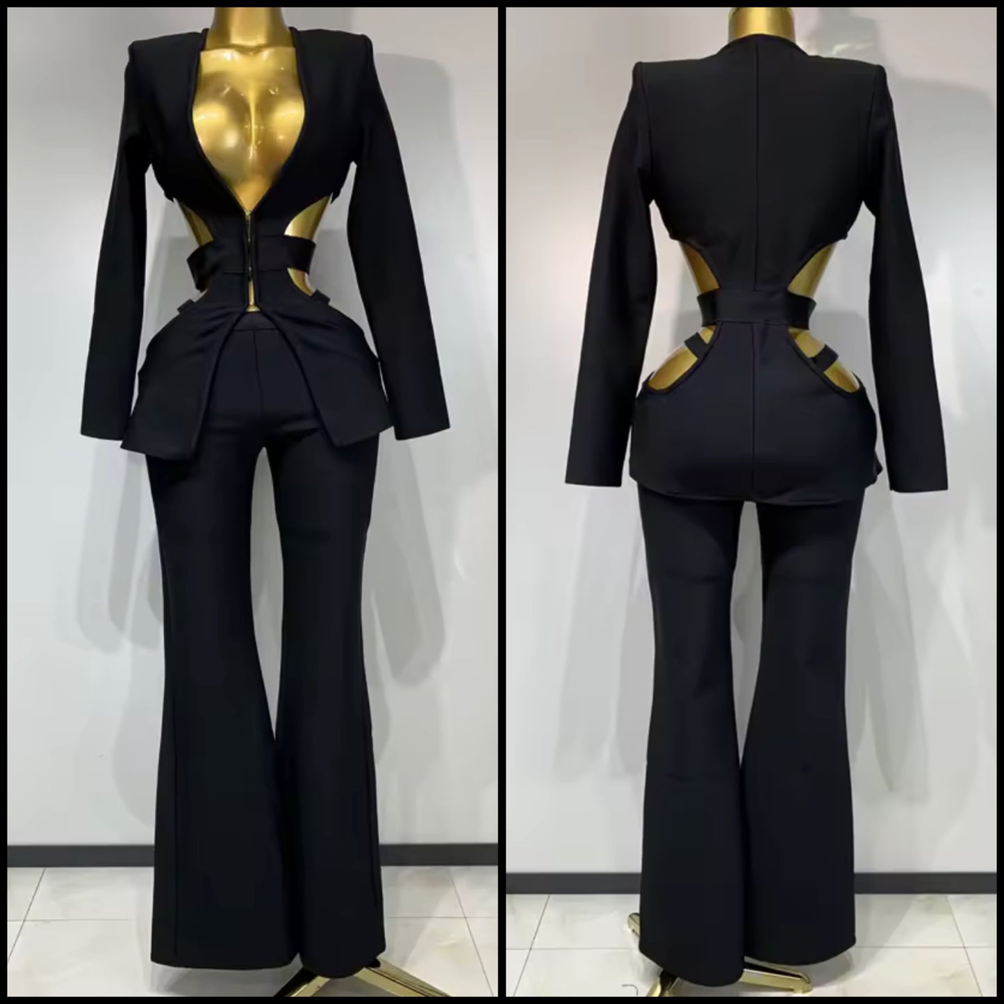 Black Sexy Hollow Out Full Sleeve Blazer Pant Set