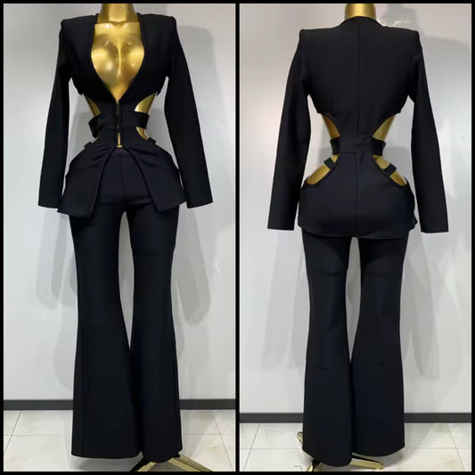 Black Sexy Hollow Out Full Sleeve Blazer Pant Set