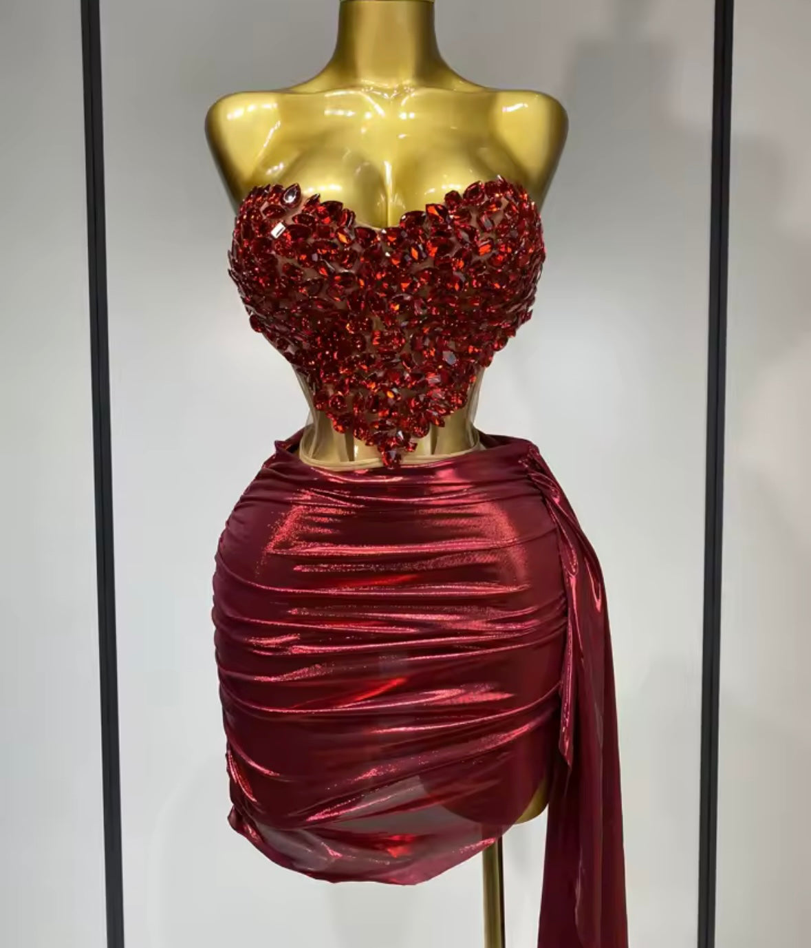 Red Crystal Strapless Mesh Corset Two Piece PU Skirt Set