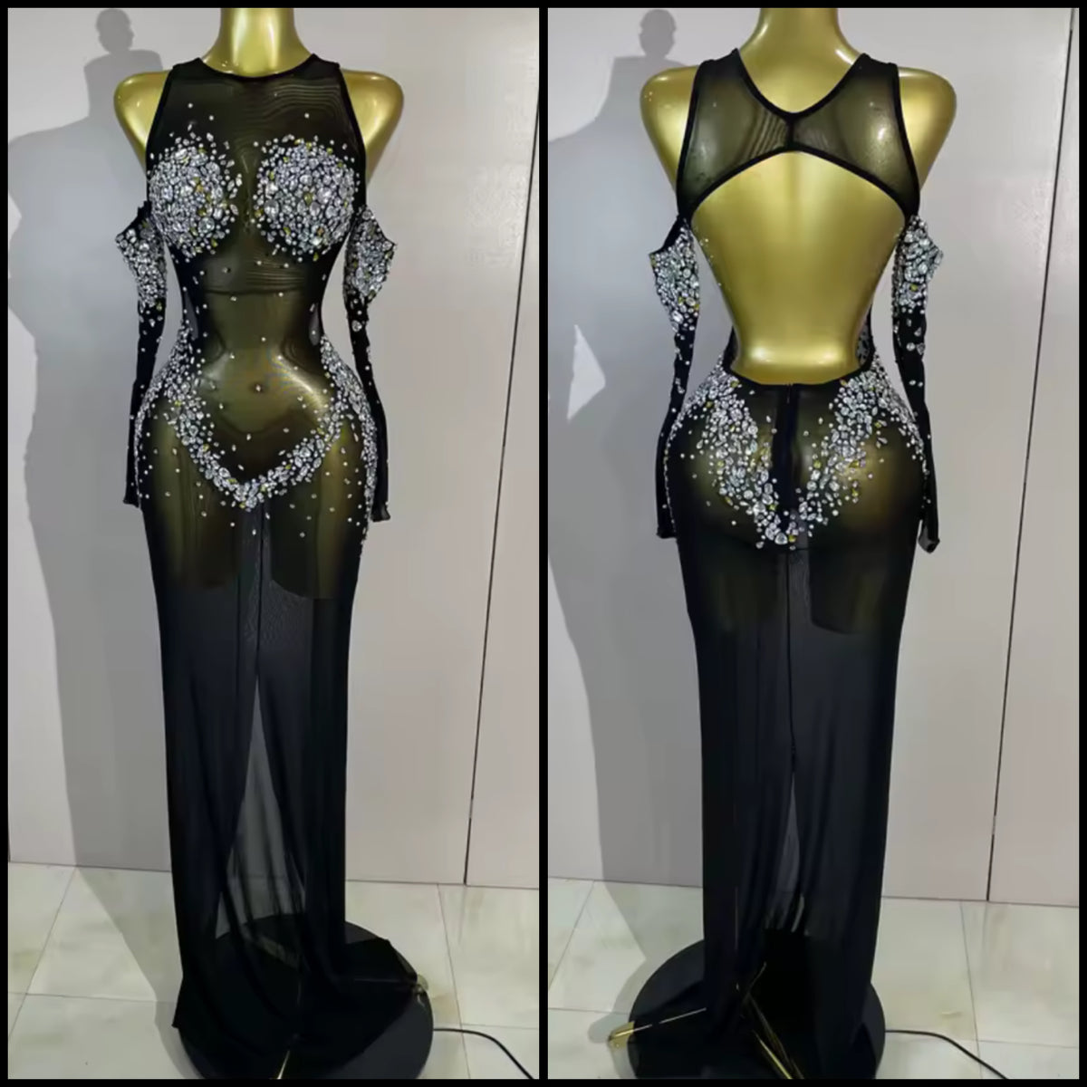 Sexy See Through Rhinestone Embellishment Floor-Length Dress