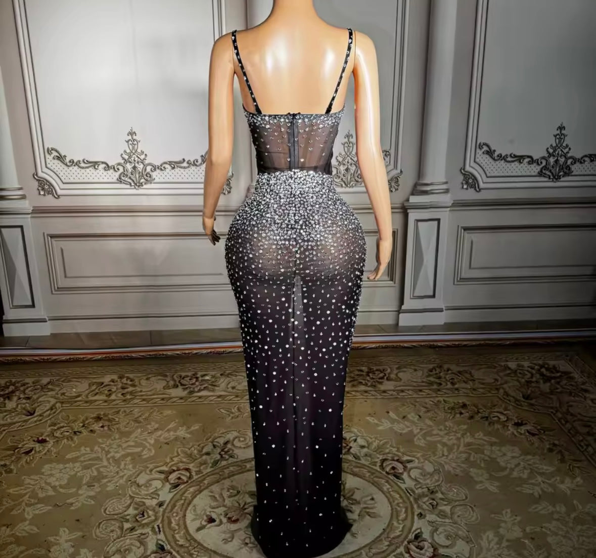 Black Sexy Sleeveless See Through Rhinestone Maxi Dress