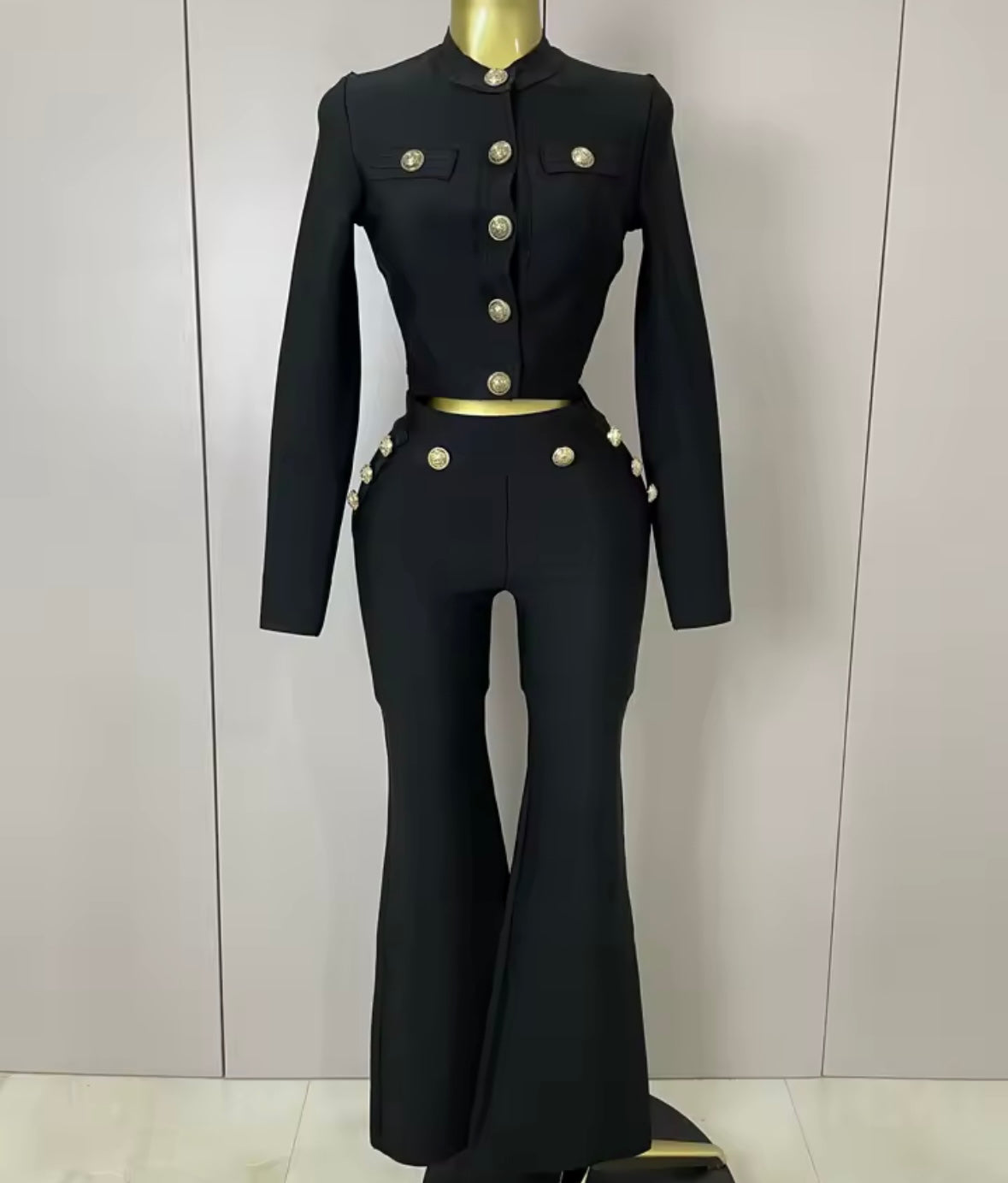 Black Fashion Gold Button Full Sleeve Crop Pant Set