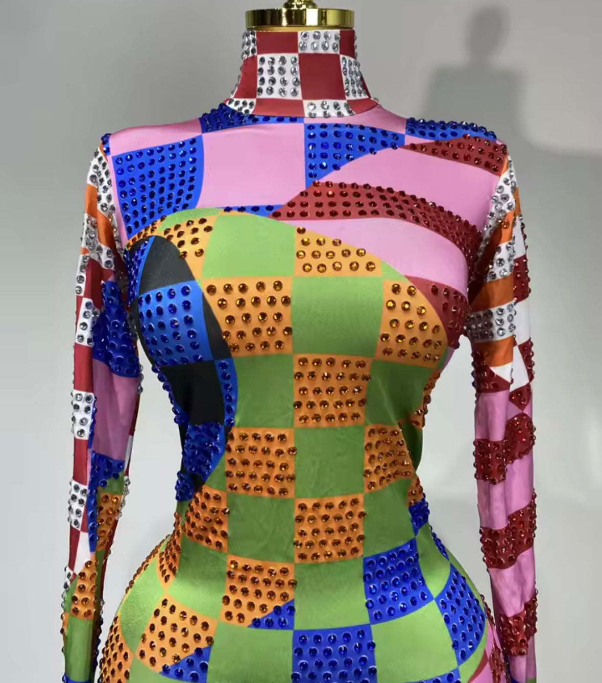 Multicolored Rhinestone Full Sleeve Jumpsuit