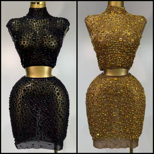 Sexy Crystal Sleeveless Mesh Two Piece Skirt Set