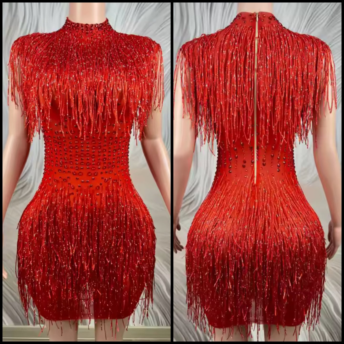 Red Sexy Rhinestone Tassel Dress