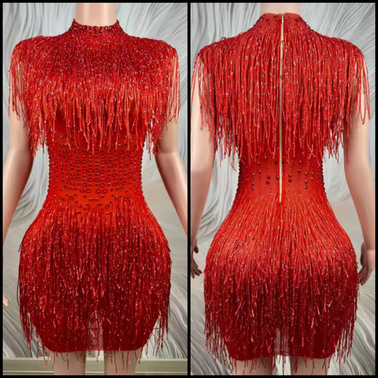 Red Sexy Rhinestone Tassel Dress