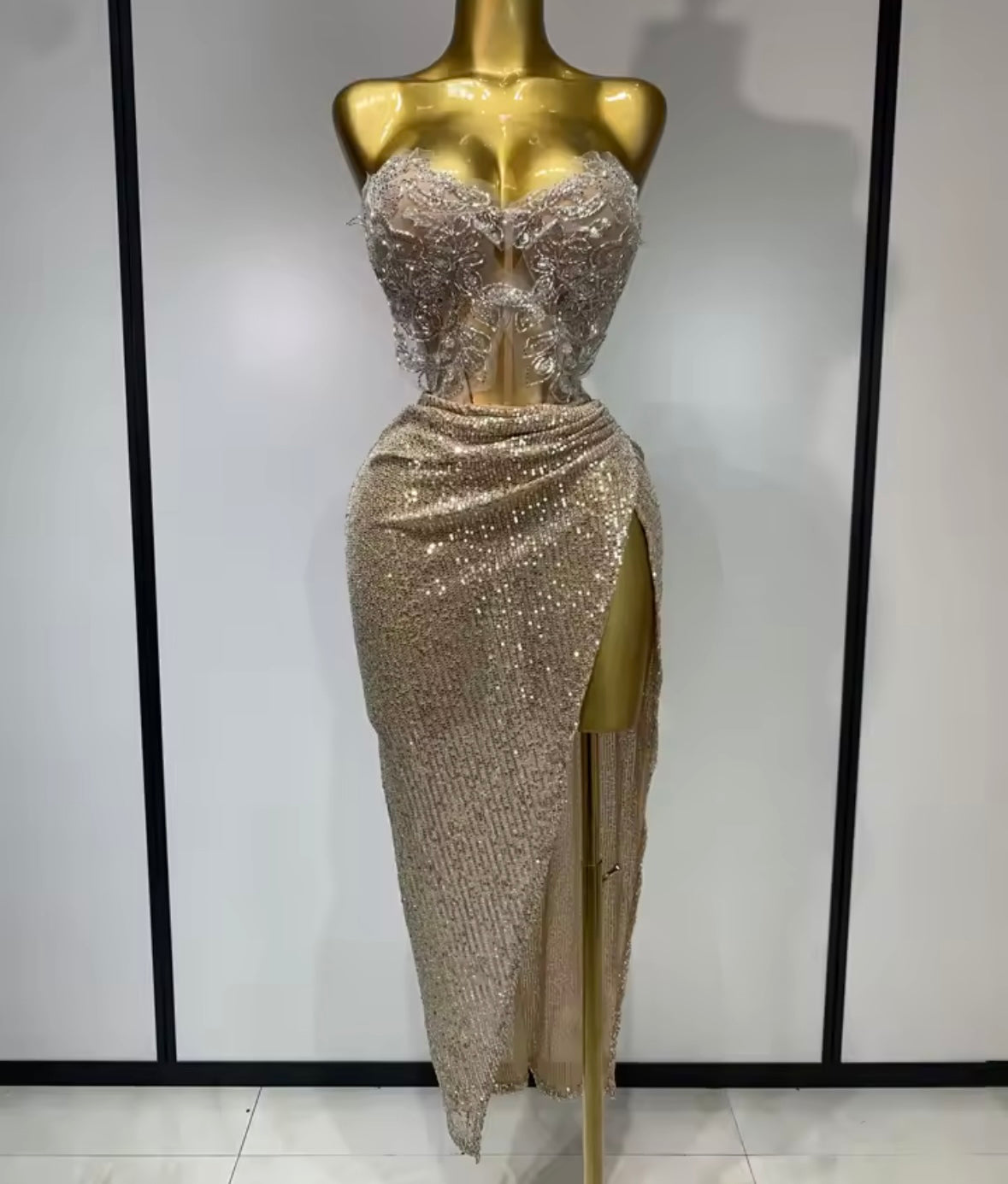 Gold Beaded Strapless Corset Sequins Skirt Set