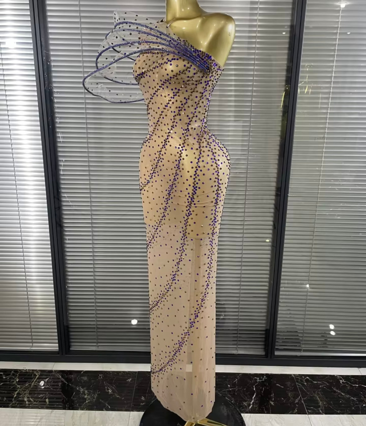 Elegant One Shoulder Sleeveless See Through Rhinestone Maxi Dress