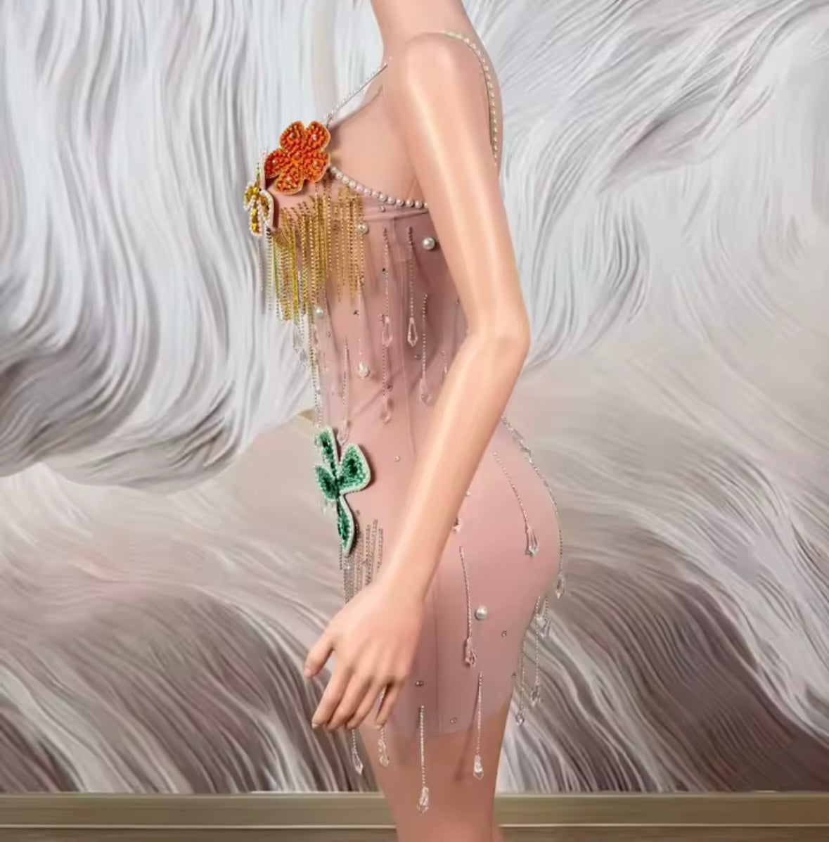 Sexy See Through Beaded Crystal Floral Tassel Dress