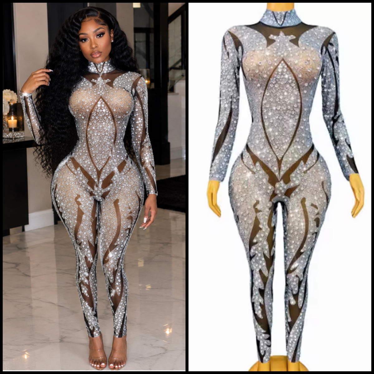 Sexy Rhinestone Embellishment Full Sleeve Jumpsuit