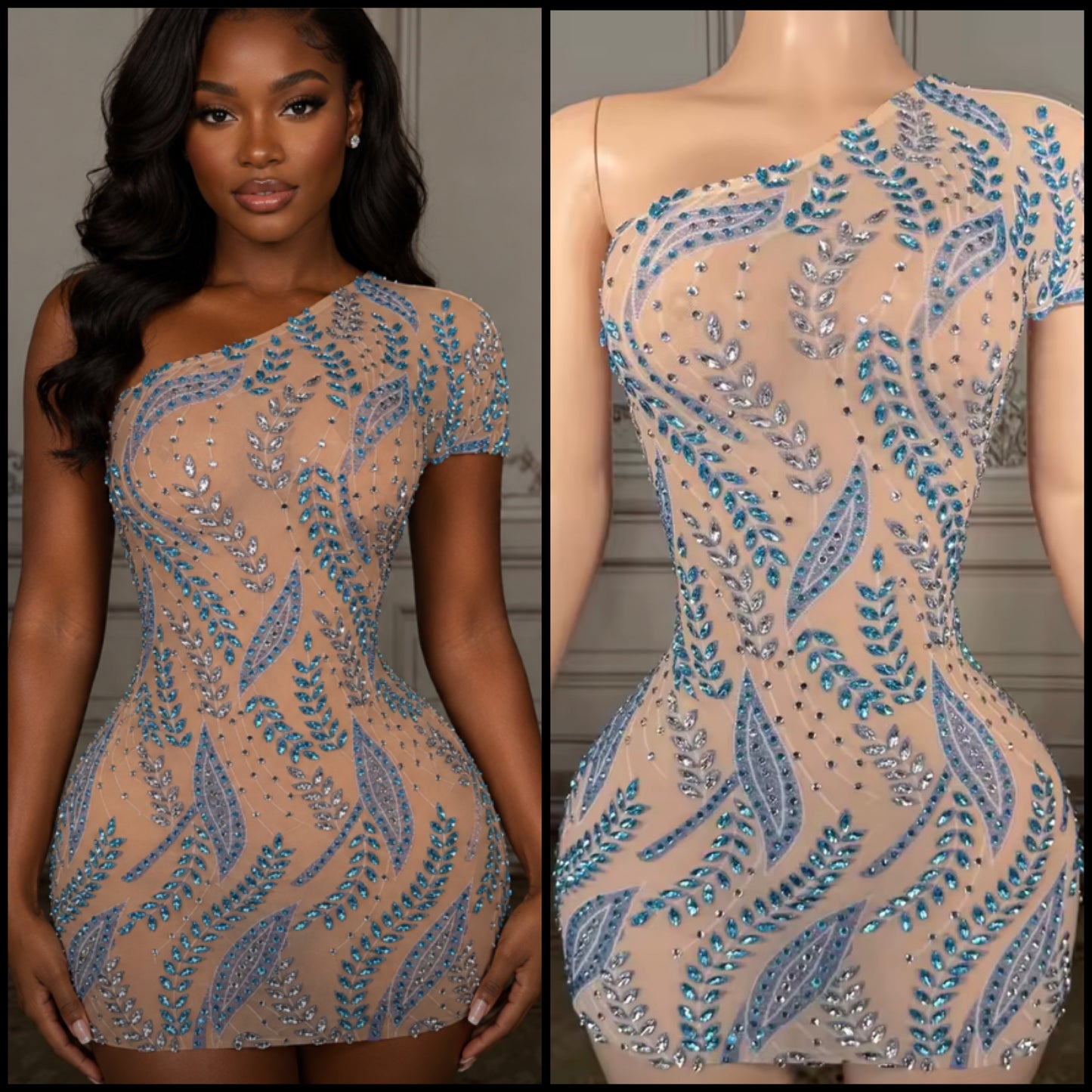Sexy One Shoulder Rhinestone Embellishment See Through Dress