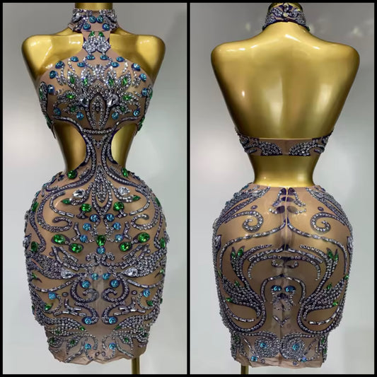 Sexy Halter Sleeveless Open Back Rhinestone Embellishment Dress
