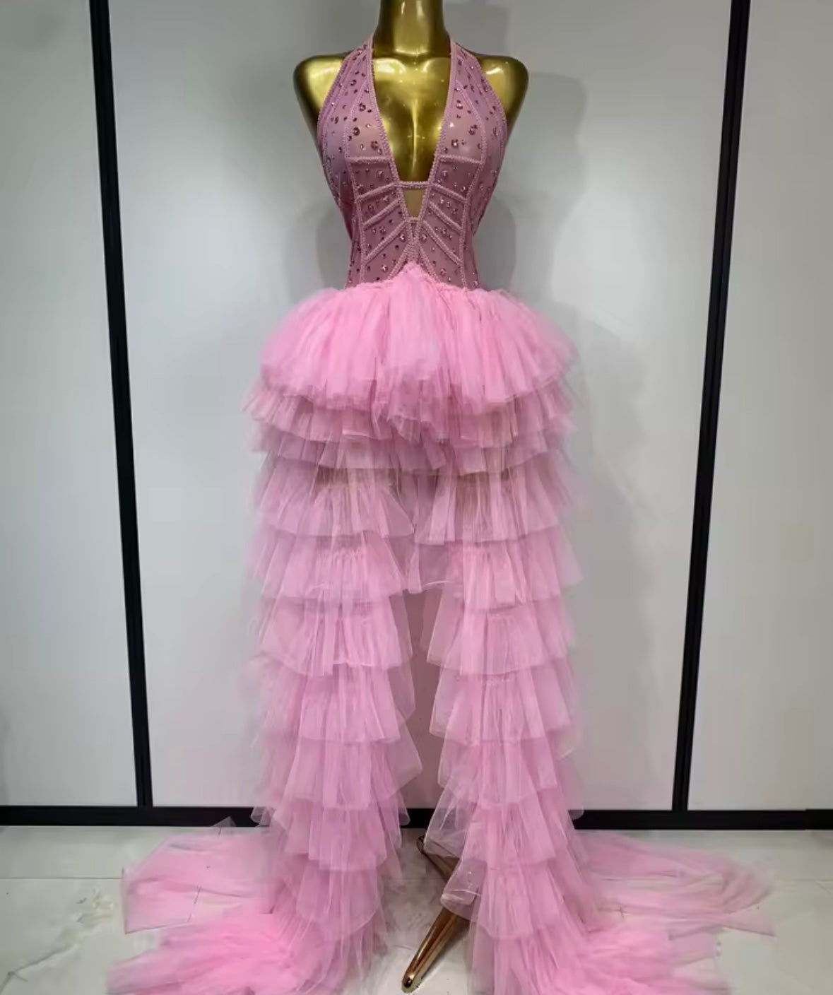 Pink Halter Sleeveless Crystal Ruffle Sexy Floor-Length Dress