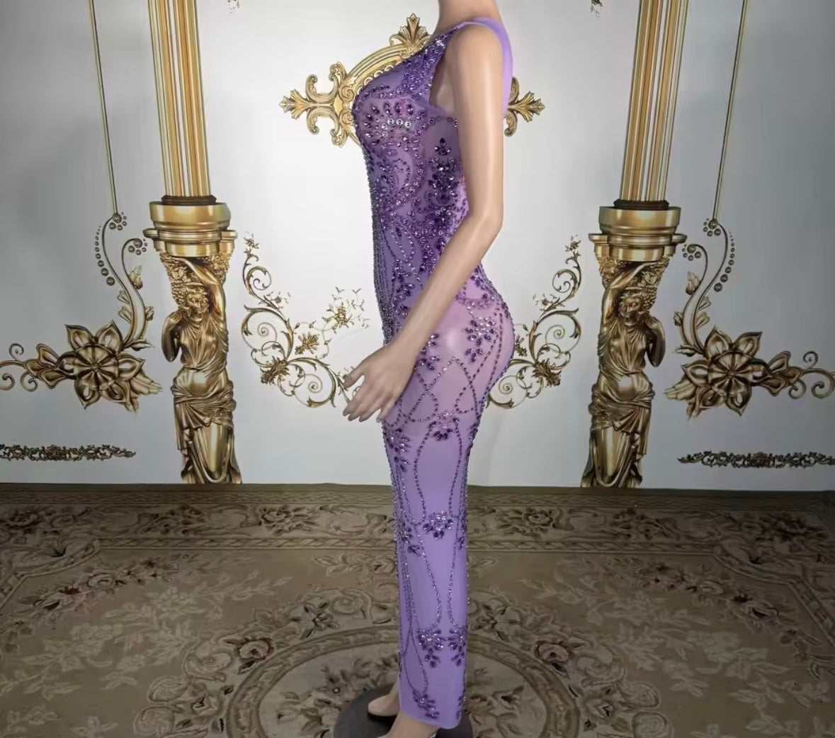 Purple Sleeveless Rhinestone Embellishment Sexy Maxi Dress