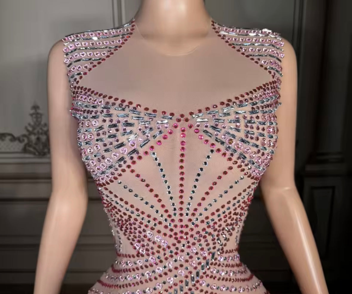 Sexy Sleeveless Color Rhinestone See Through Maxi Dress