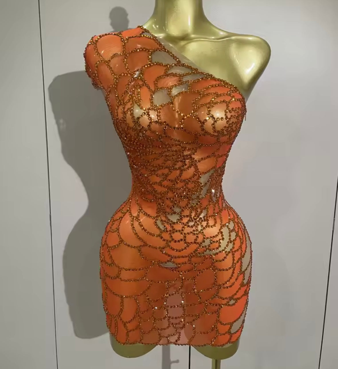 Sexy Orange One Shoulder Rhinestone Short Sleeve Dress