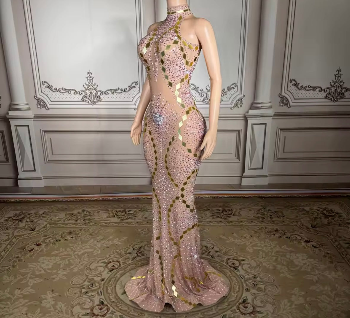 Rhinestone Embellishment Mirror Sleeveless Maxi Dress