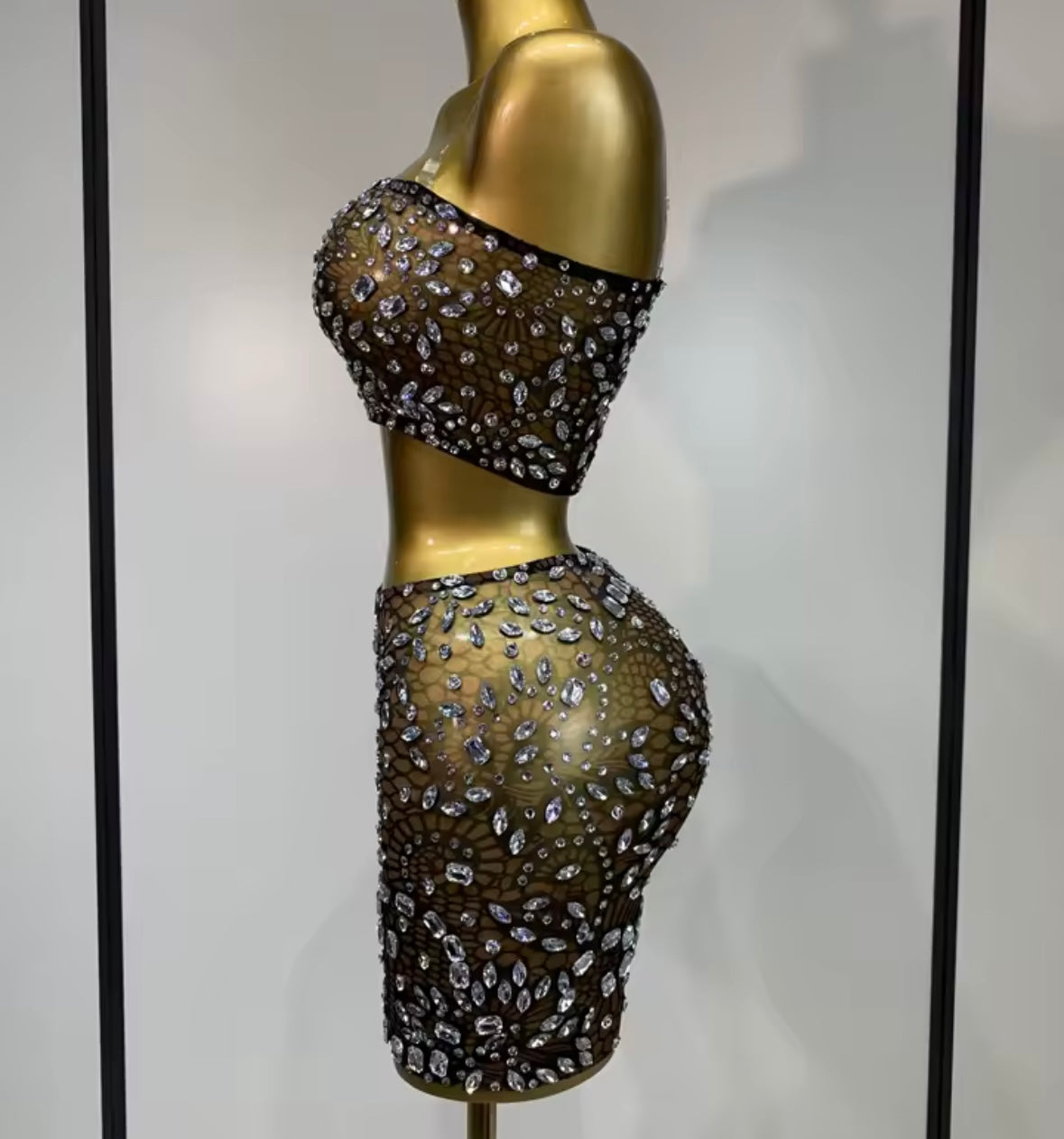 Sexy Strapless Rhinestone Crop See Through Skirt Set