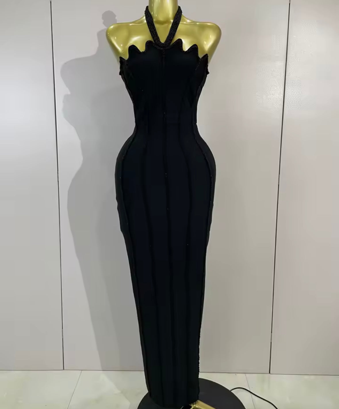 Black Beaded Halter Sleeveless Sexy Maxi Dress