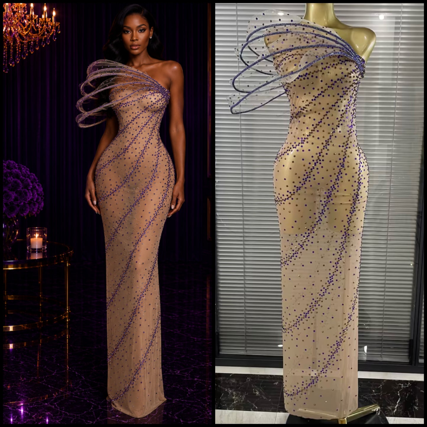 Elegant One Shoulder Sleeveless See Through Rhinestone Maxi Dress
