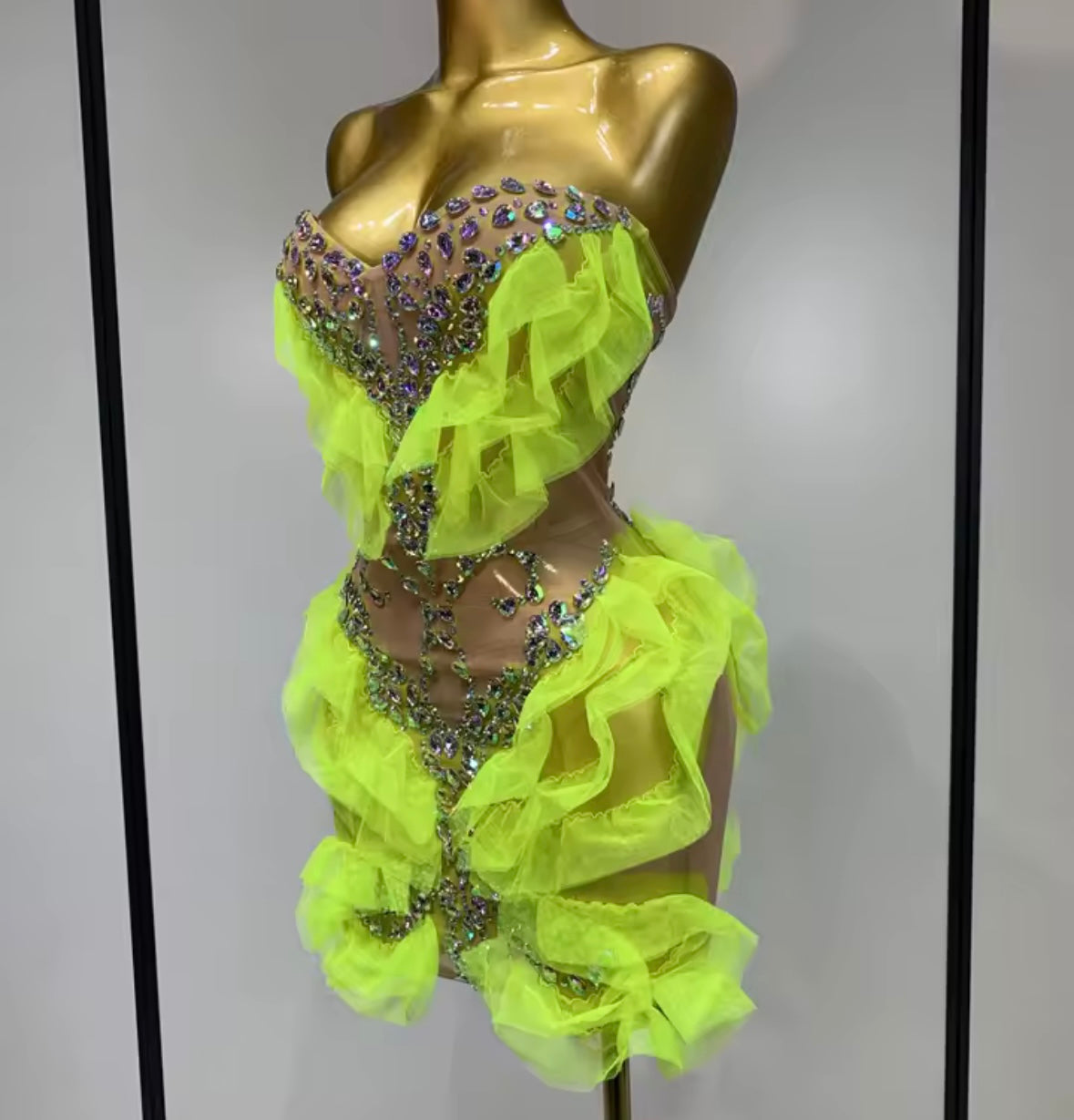 Sexy Strapless Rhinestone Ruffle See Through Dress