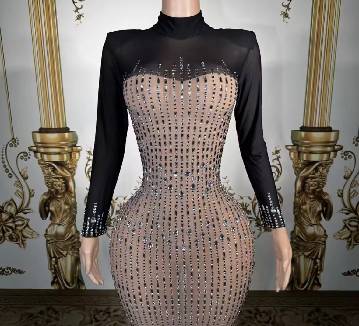 Sexy Rhinestone Embellishment Full Sleeve Maxi Dress