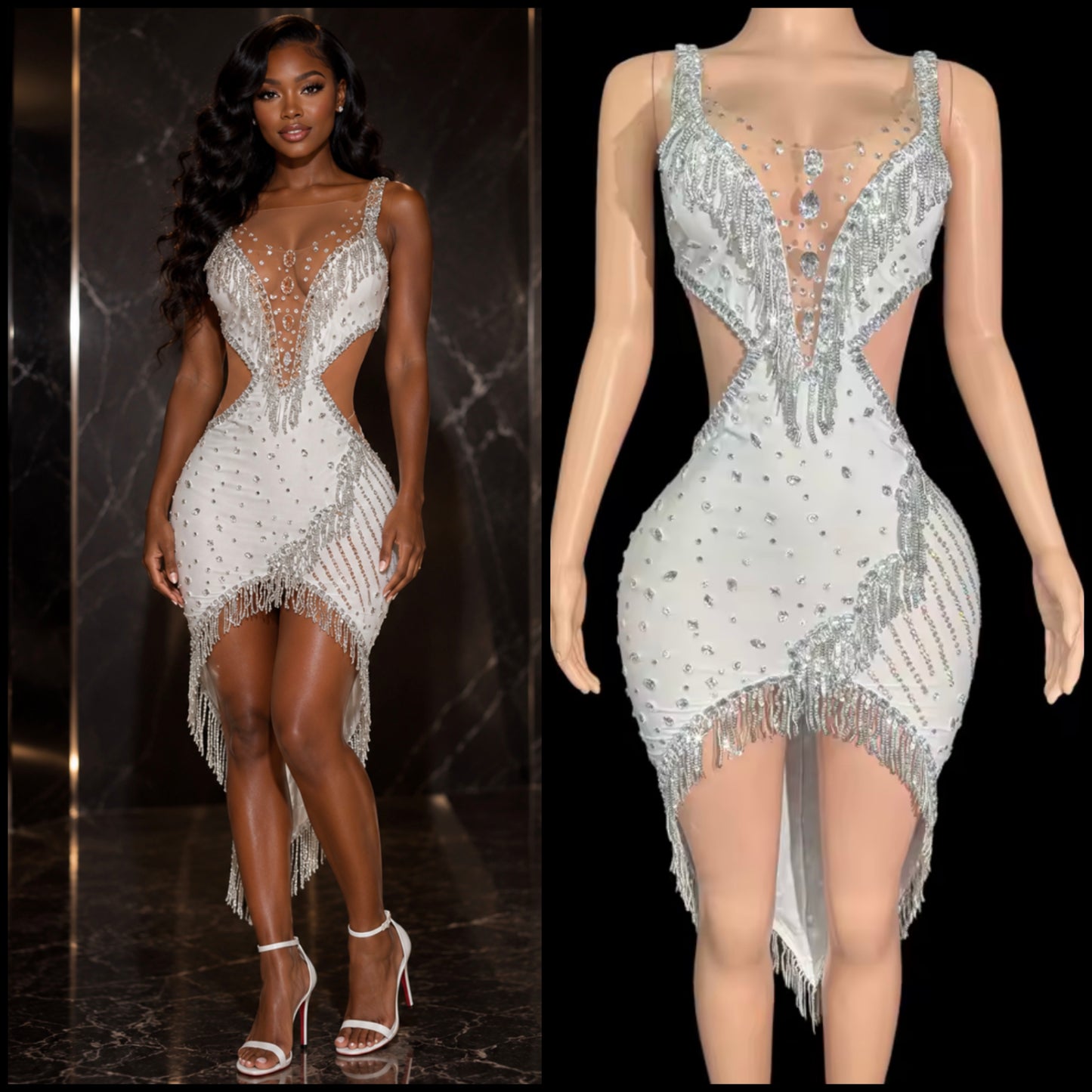 Sexy Sleeveless Rhinestone White Asymmetrical Tassel Dress