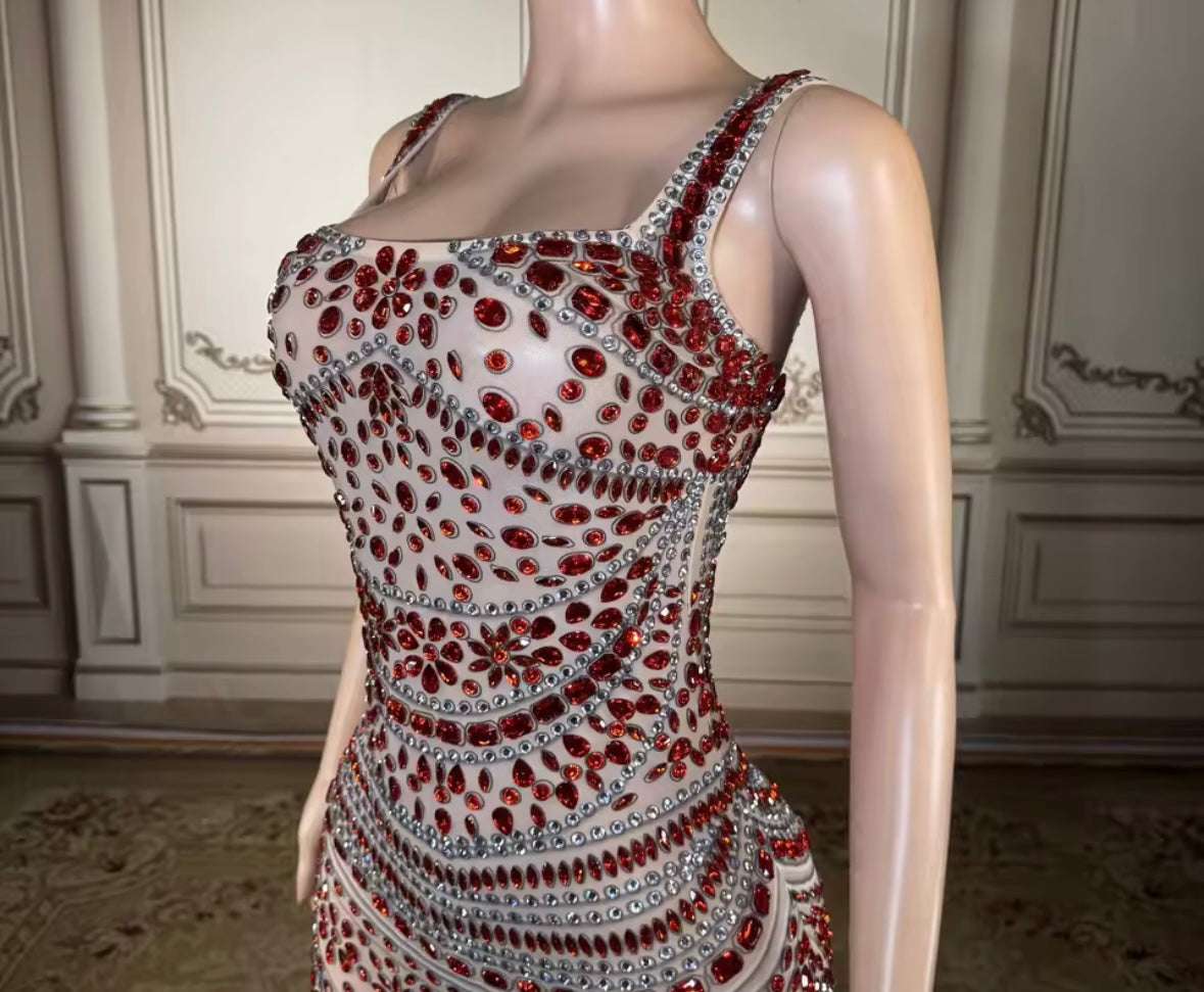 Sexy Sleeveless Red Rhinestone Embellishment Maxi Dress
