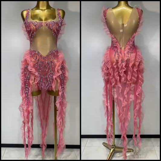 Sexy Pink Sleeveless Rhinestone Tassel Dress