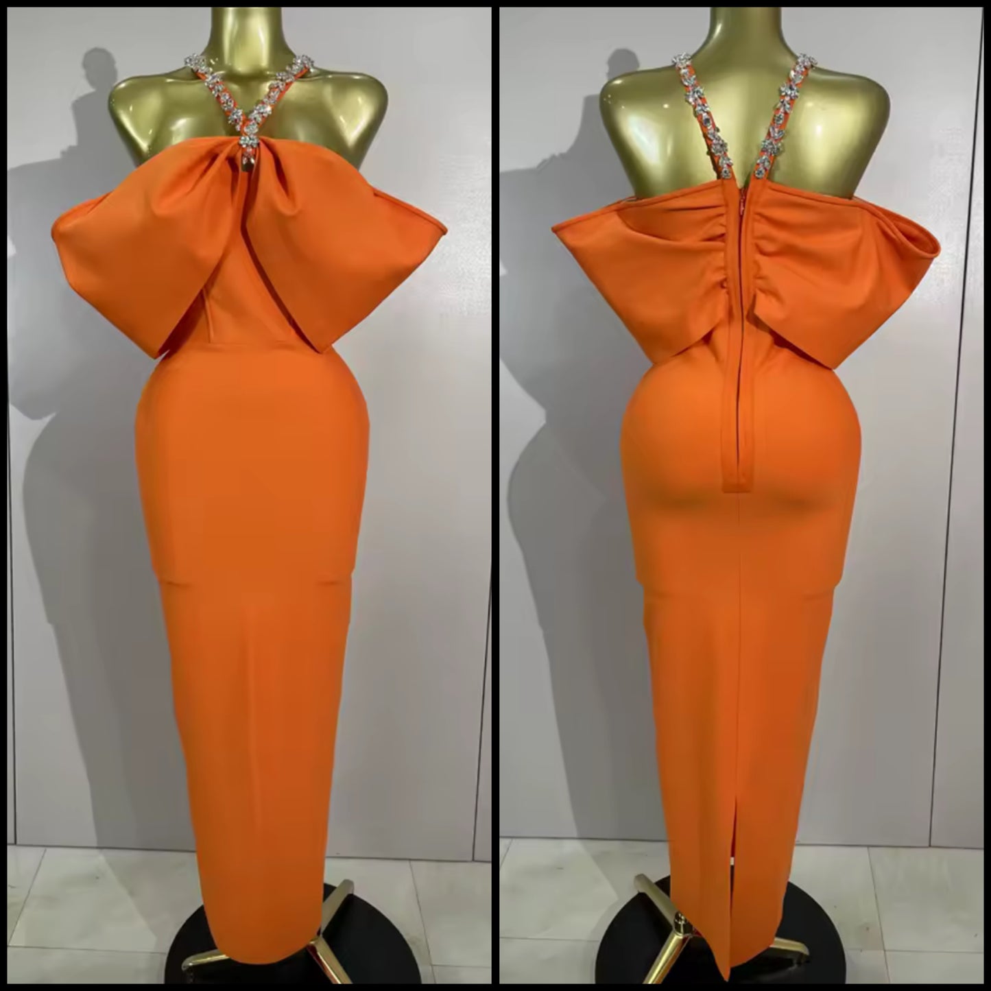 Elegant Rhinestone Halter Bow Floor-Length Dress