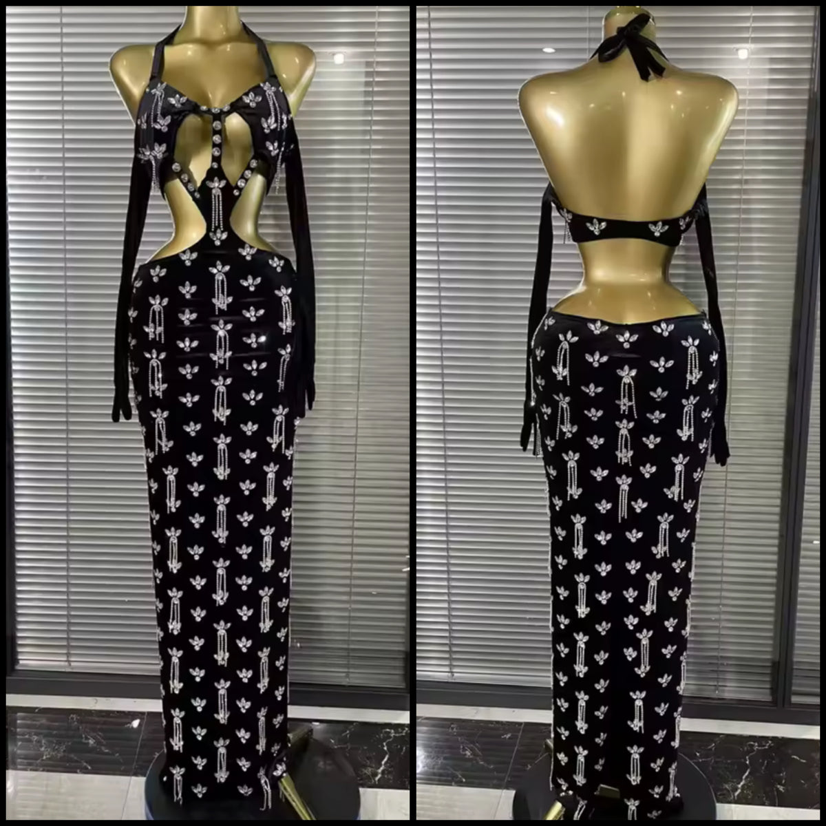 Black Sexy Halter Rhinestone Hollow Out Maxi Dress