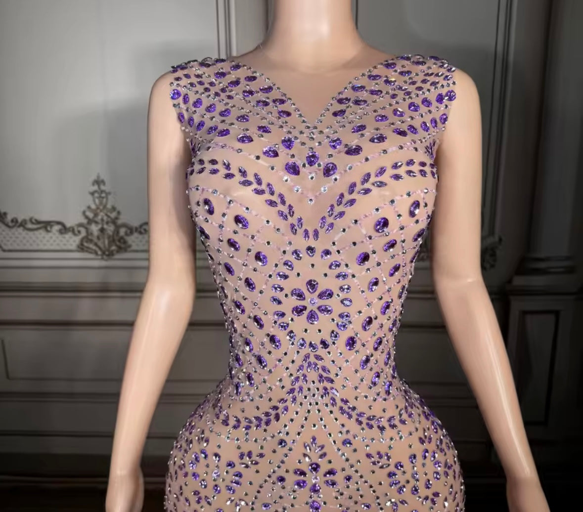 Sexy Sleeveless Purple Rhinestone Maxi Dress