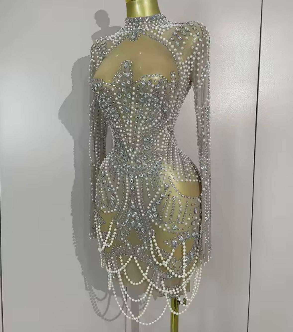 Sexy Pearl Rhinestone See Through Full Sleeve Dress