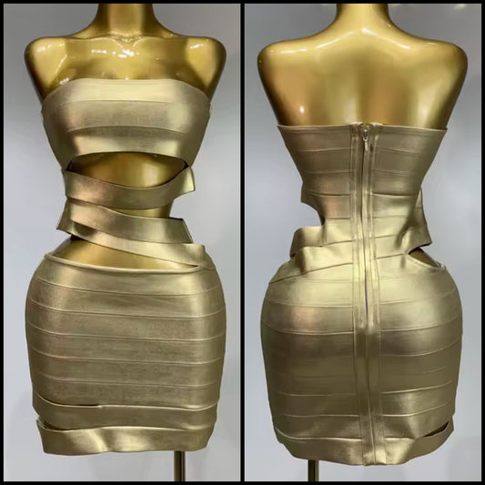 Gold Strapless Hollow Out Sexy Bandage Dress