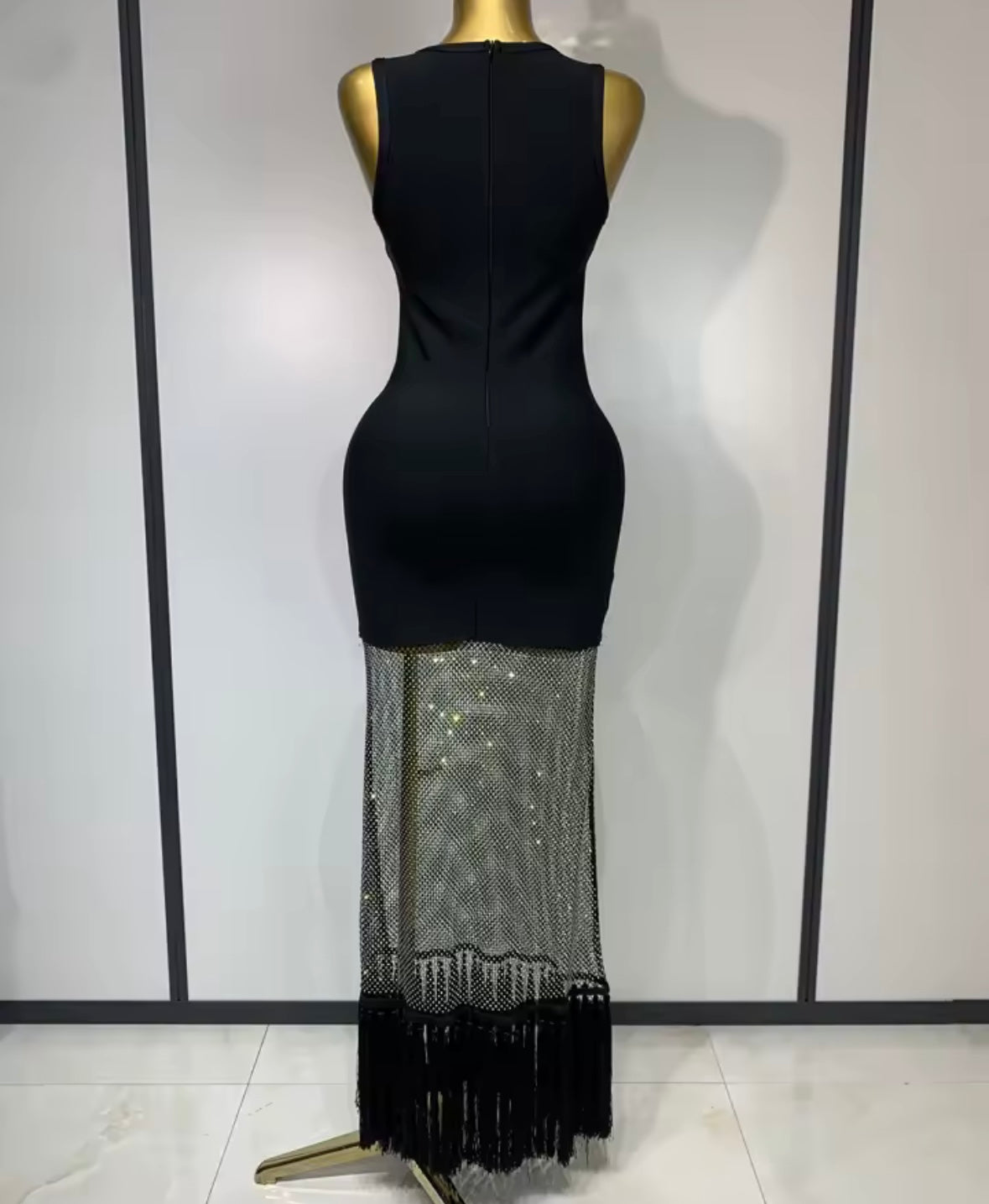 Black Sexy Sleeveless Sparkly Rhinestone Tassel Maxi Dress