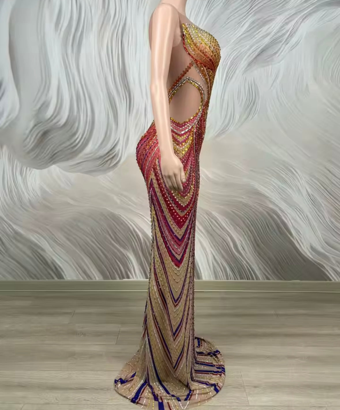 Elegant Multicolor Rhinestone Sleeveless Floor-Length Dress