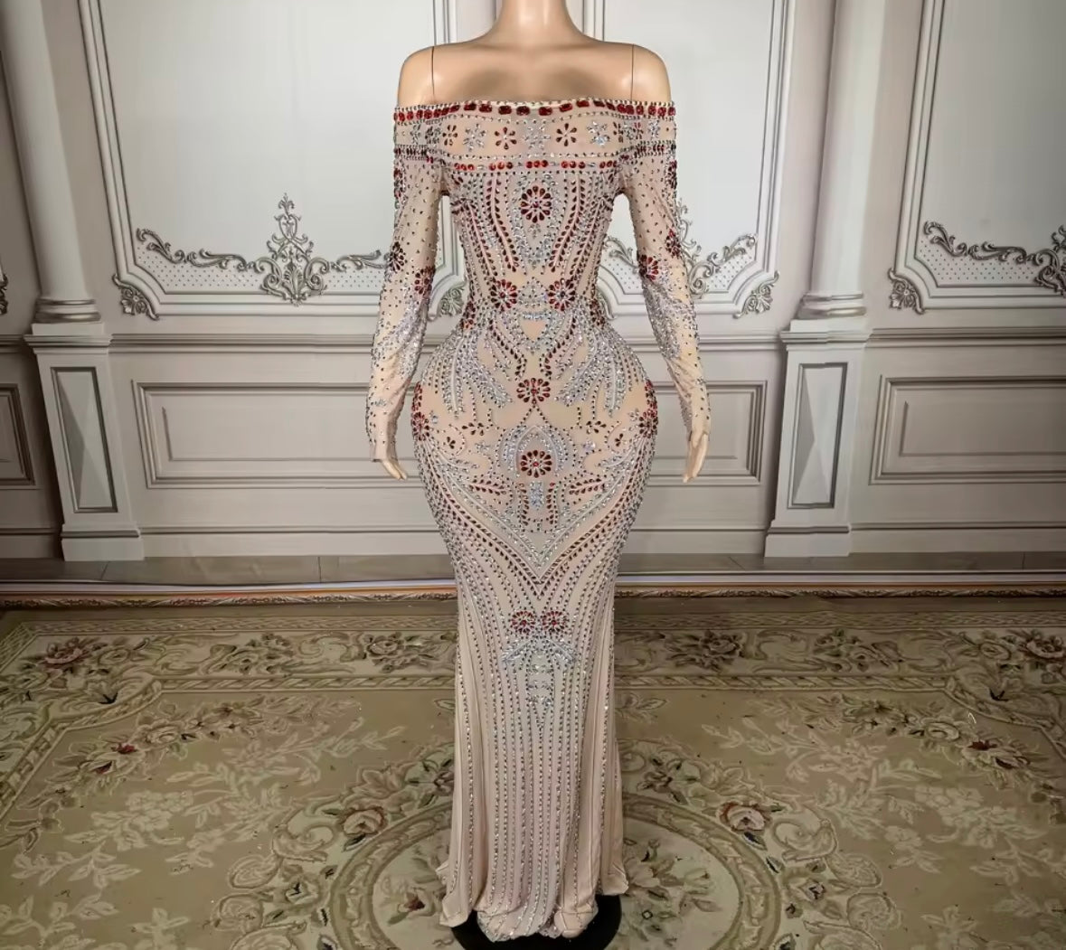 Sexy Rhinestone Embellishment Off The Shoulder Full Sleeve Dress