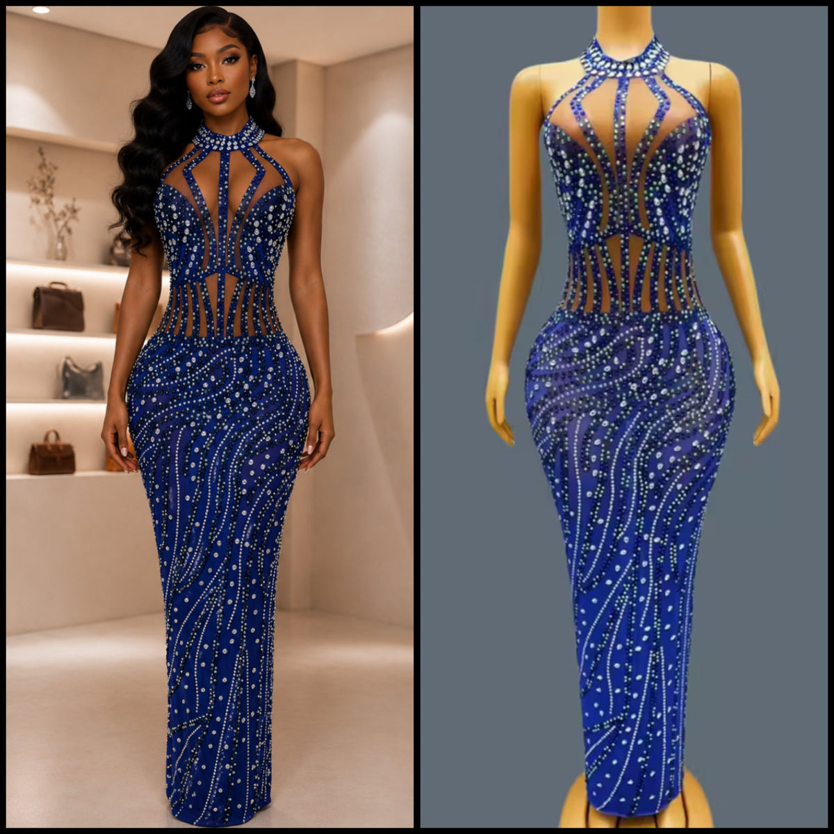 Blue Halter Sleeveless Rhinestone Embellishment Maxi Dress