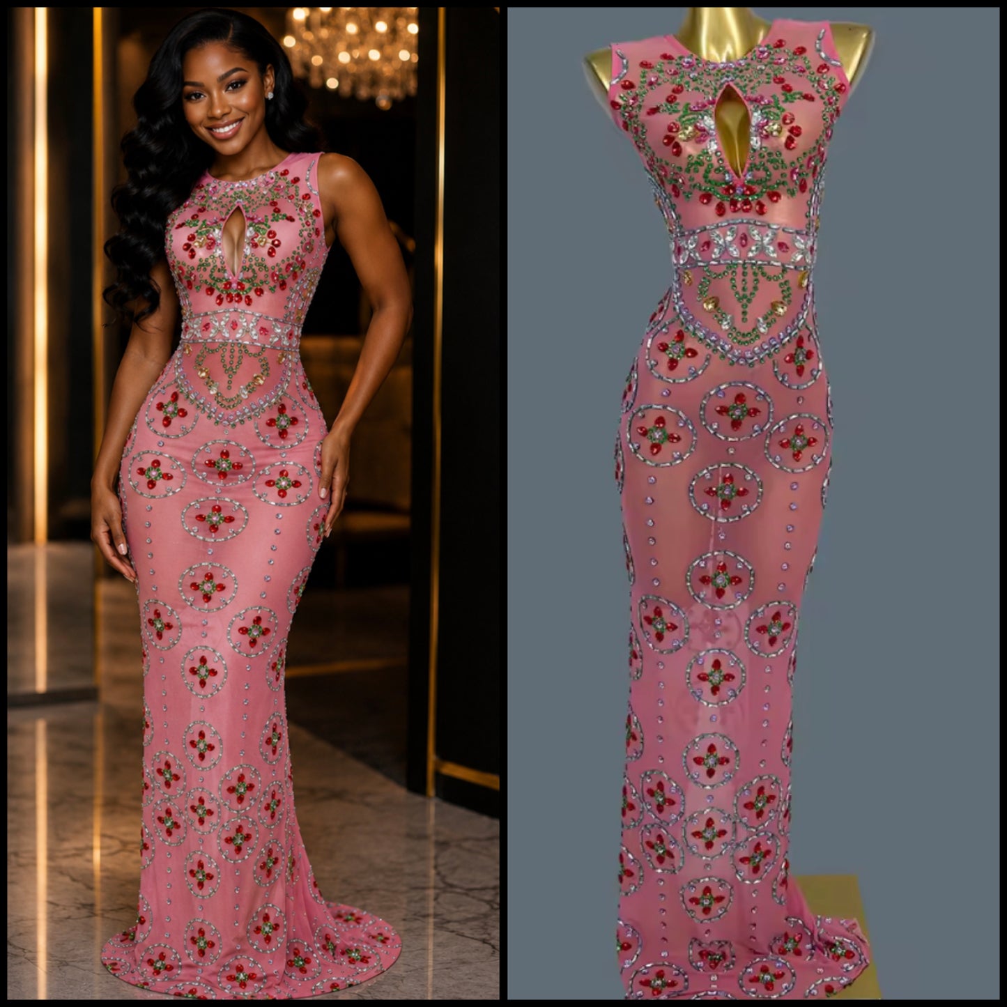 Sexy Pink Sleeveless Crystal Rhinestone Maxi Dress