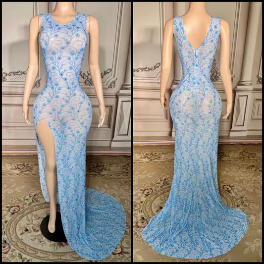 Sexy Blue Sleeveless Rhinestone Side Split Maxi Dress