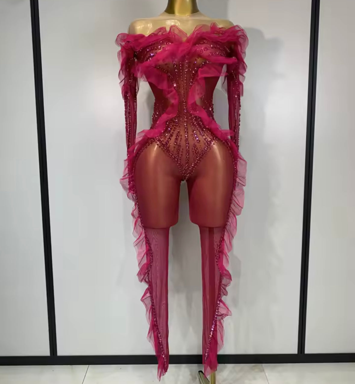 Pink Sexy Ruffled Rhinestone See Through Jumpsuit