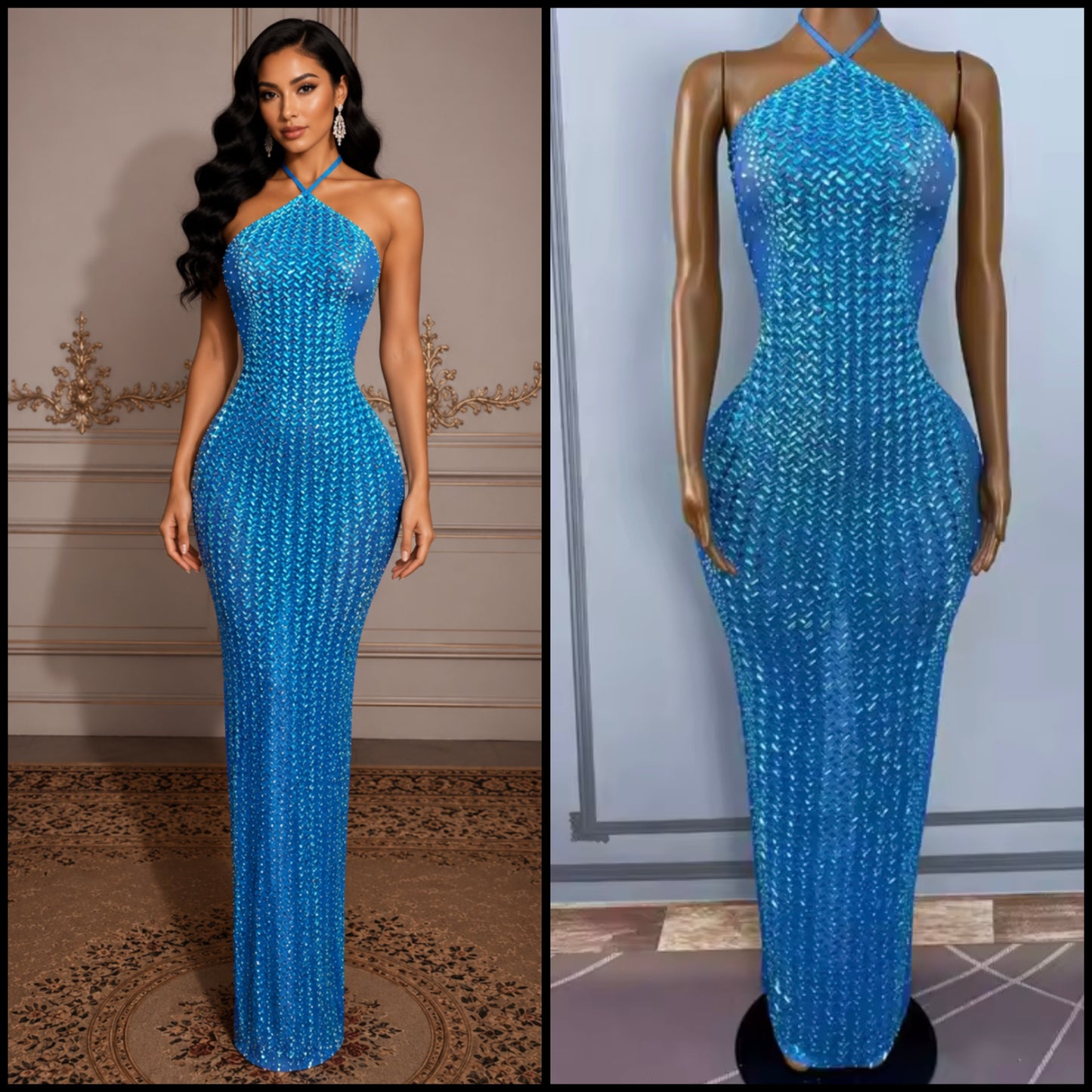 Sexy Blue Halter Sleeveless Rhinestone Maxi Dress