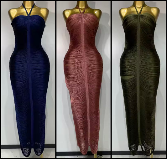 Sexy Halter Sleeveless Fringe Maxi Dress